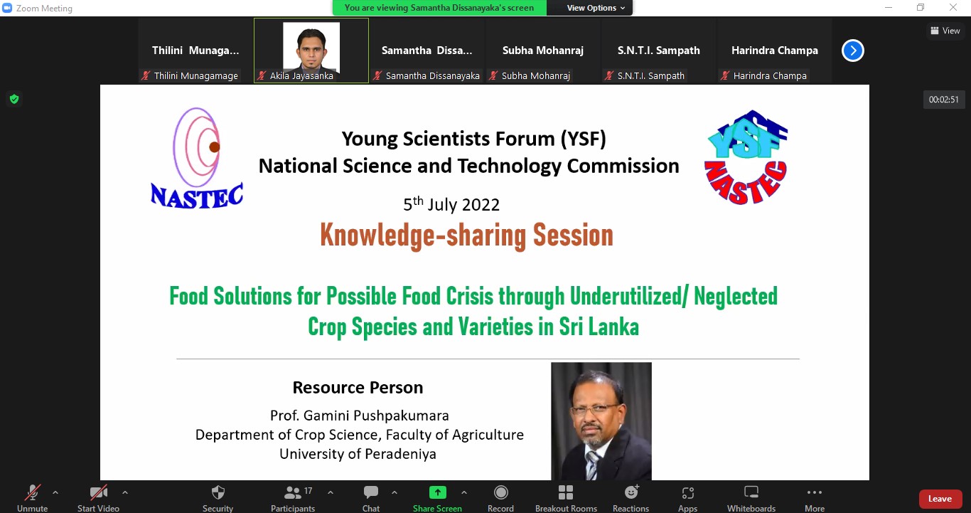 YSF Webinar on Food solutions for possible food crisis through underutilized/ neglected crop species and varieties in Sri Lanka