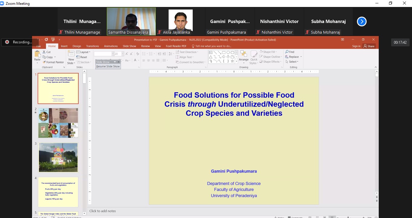 YSF Webinar on Food solutions for possible food crisis through underutilized/ neglected crop species and varieties in Sri Lanka
